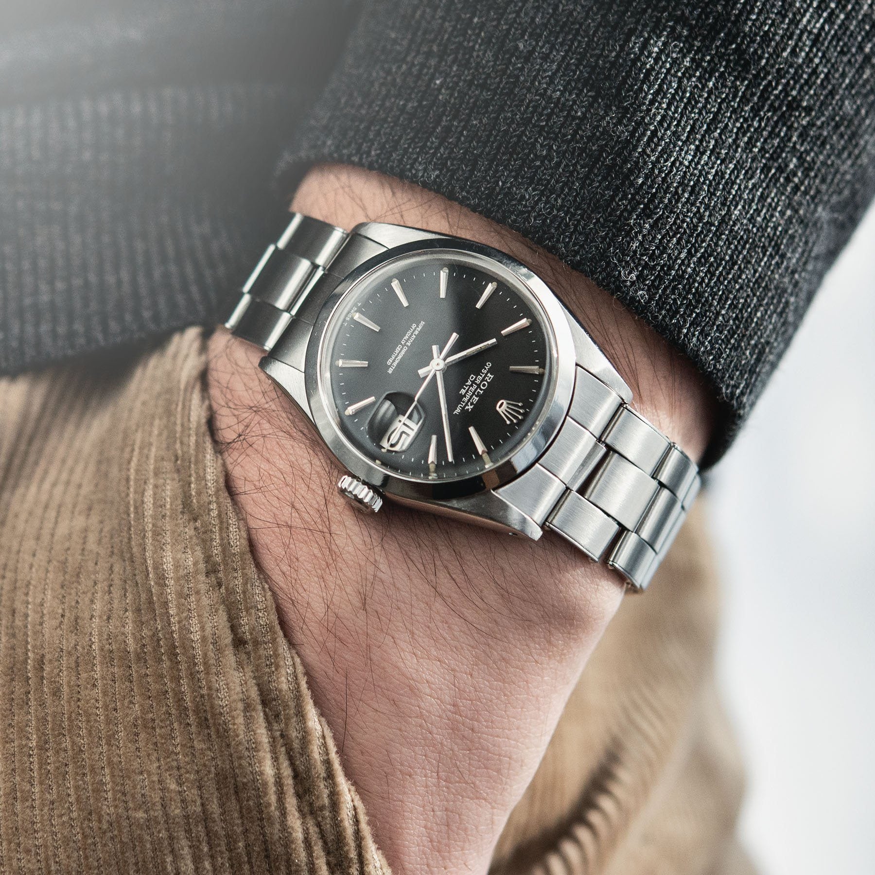 Rolex Date Reference 1500 Grey Dial wrist shot on oyster bracelet