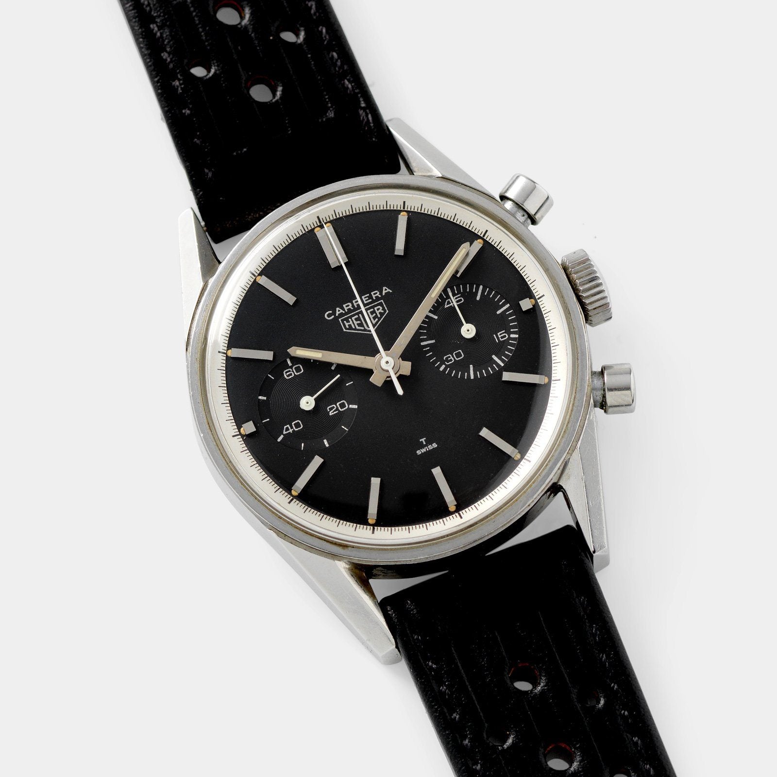 Heuer Carrera Ref 3647 Black Dial Silver Print with facted lugs