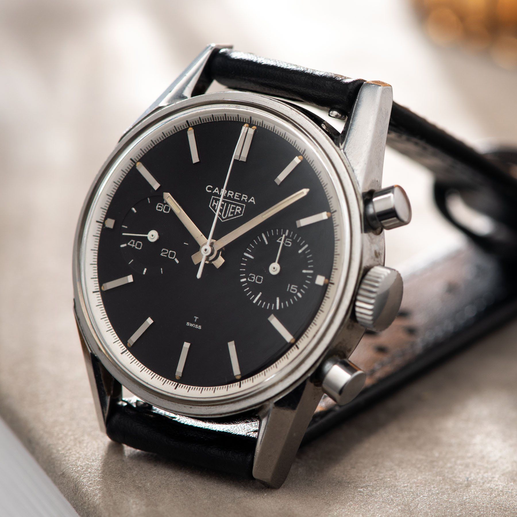 Heuer Carrera Ref 3647 Black Dial Silver Print 35mm steel case