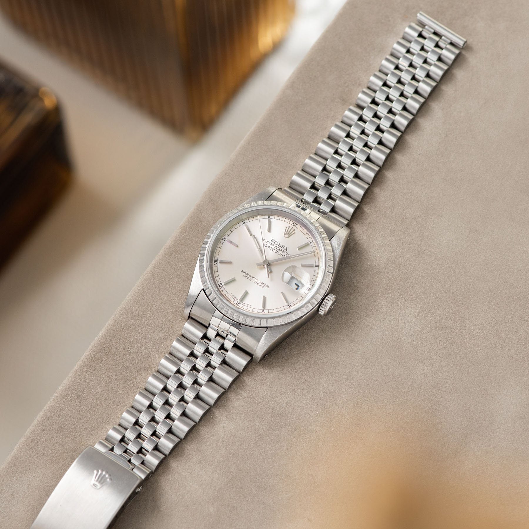 Rolex Datejust Silver Soleil Dial 16220 on a Jubilee bracelet ref 62510H