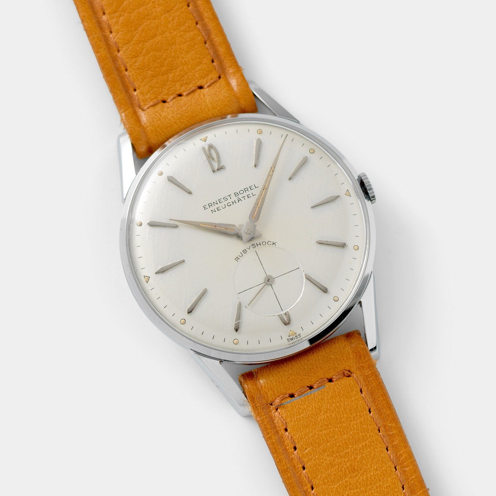 New Old Stock Ernest Borel Steel Dress Watch 1940s with two tone silver dial