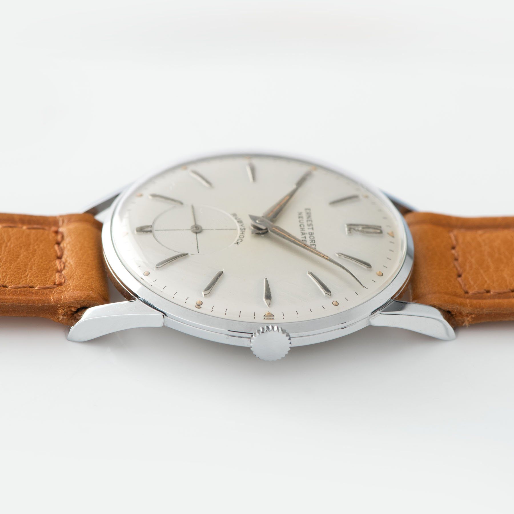 New Old Stock Ernest Borel Steel Dress Watch 1940s with elegant long lugs