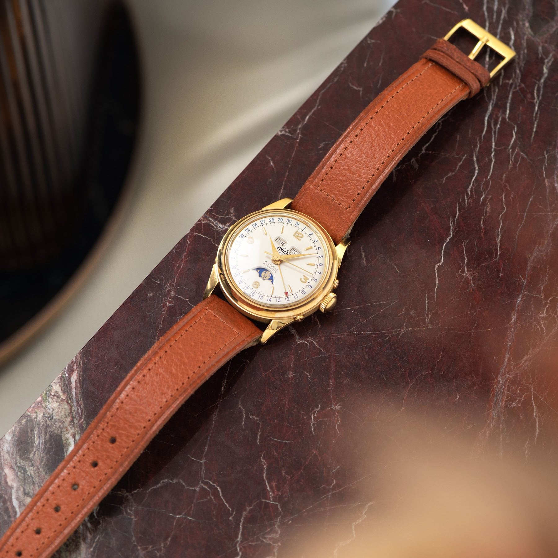 Enicar Triple Calendar Moonphase Yellow Gold