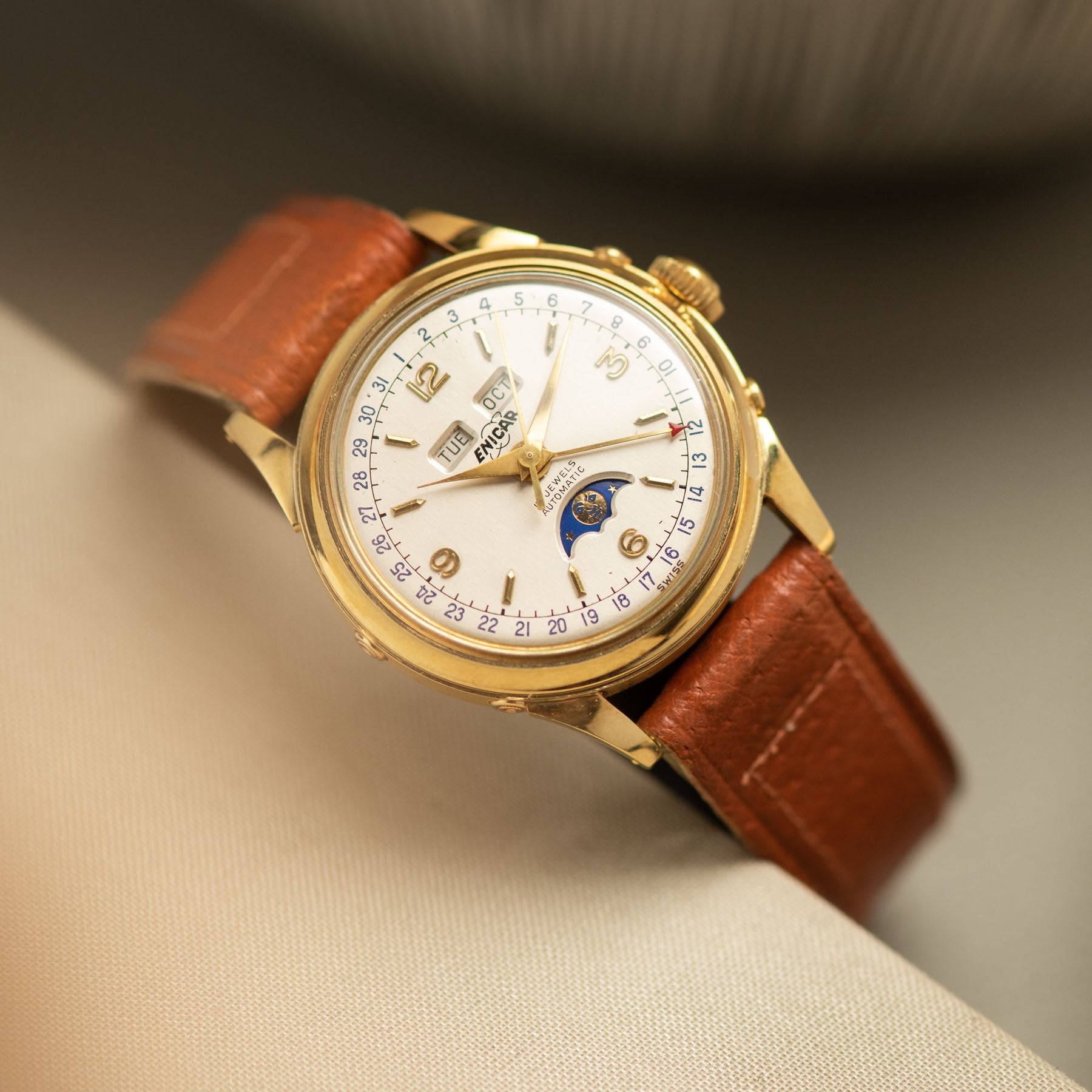 Enicar Triple Calendar Moonphase Yellow Gold