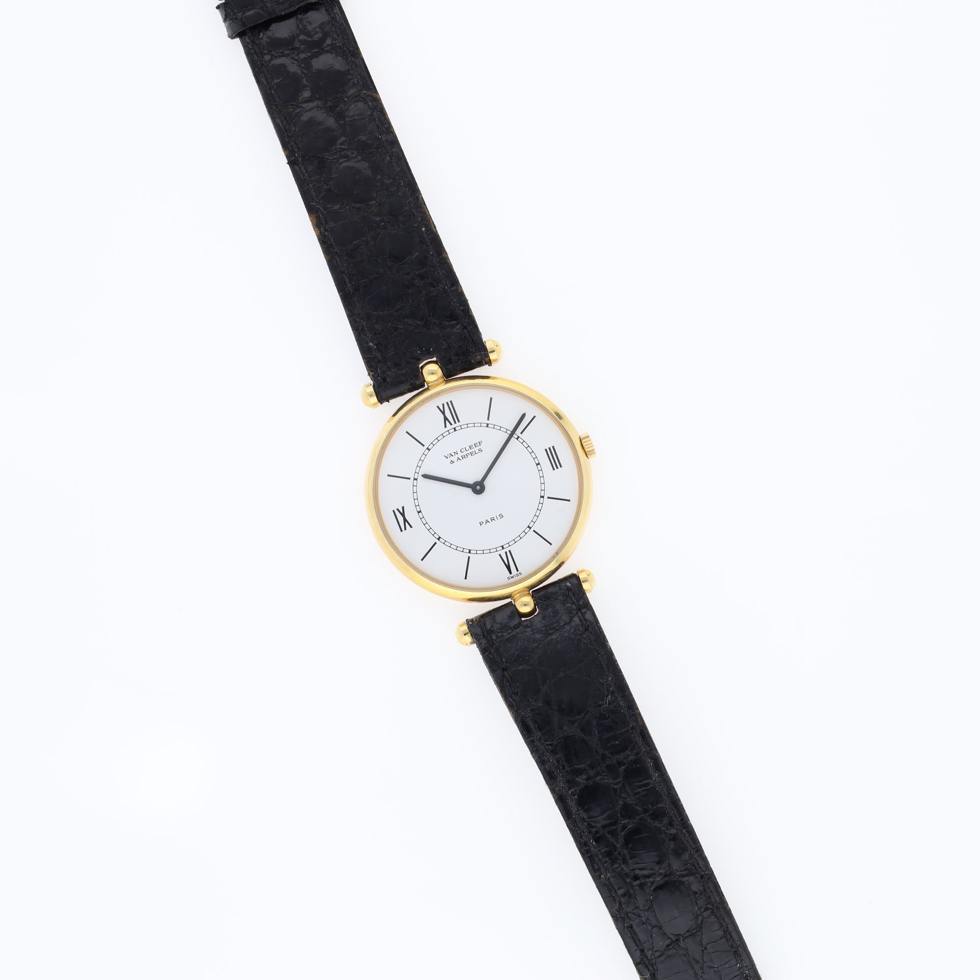 Van Cleef & Arpels Gold Ladies Round Dress Watch Box and Papers