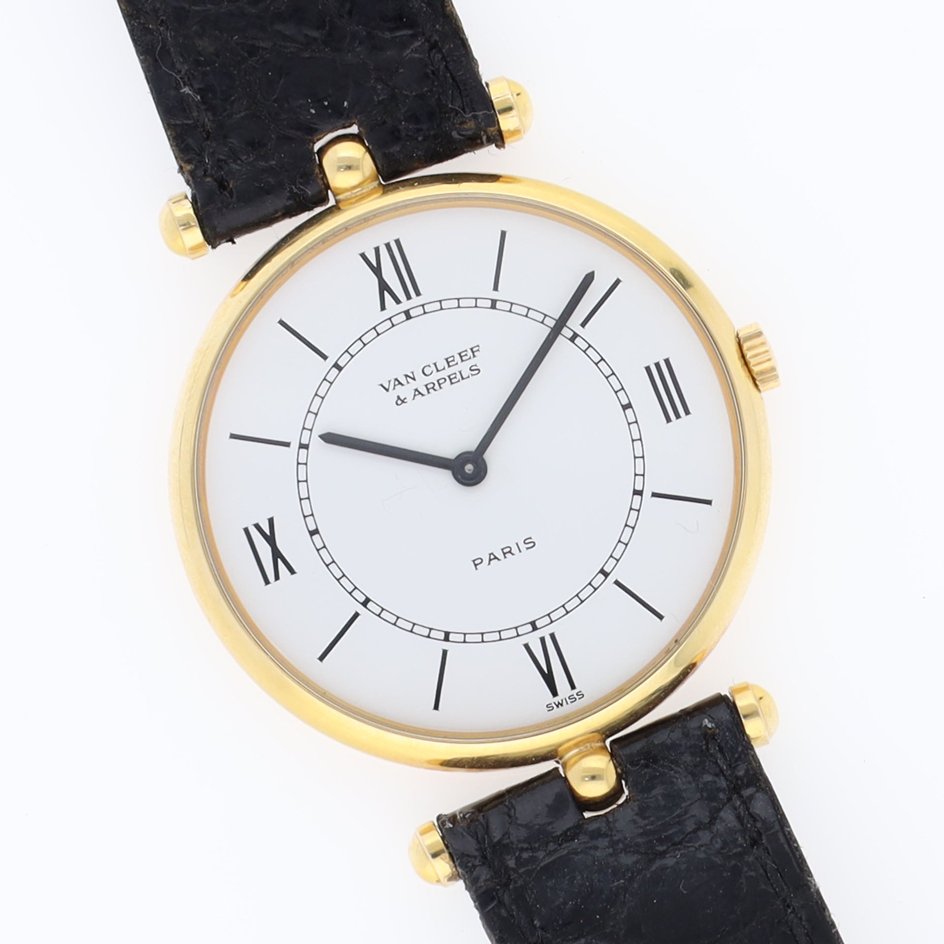Van Cleef & Arpels Gold Ladies Round Dress Watch Box and Papers