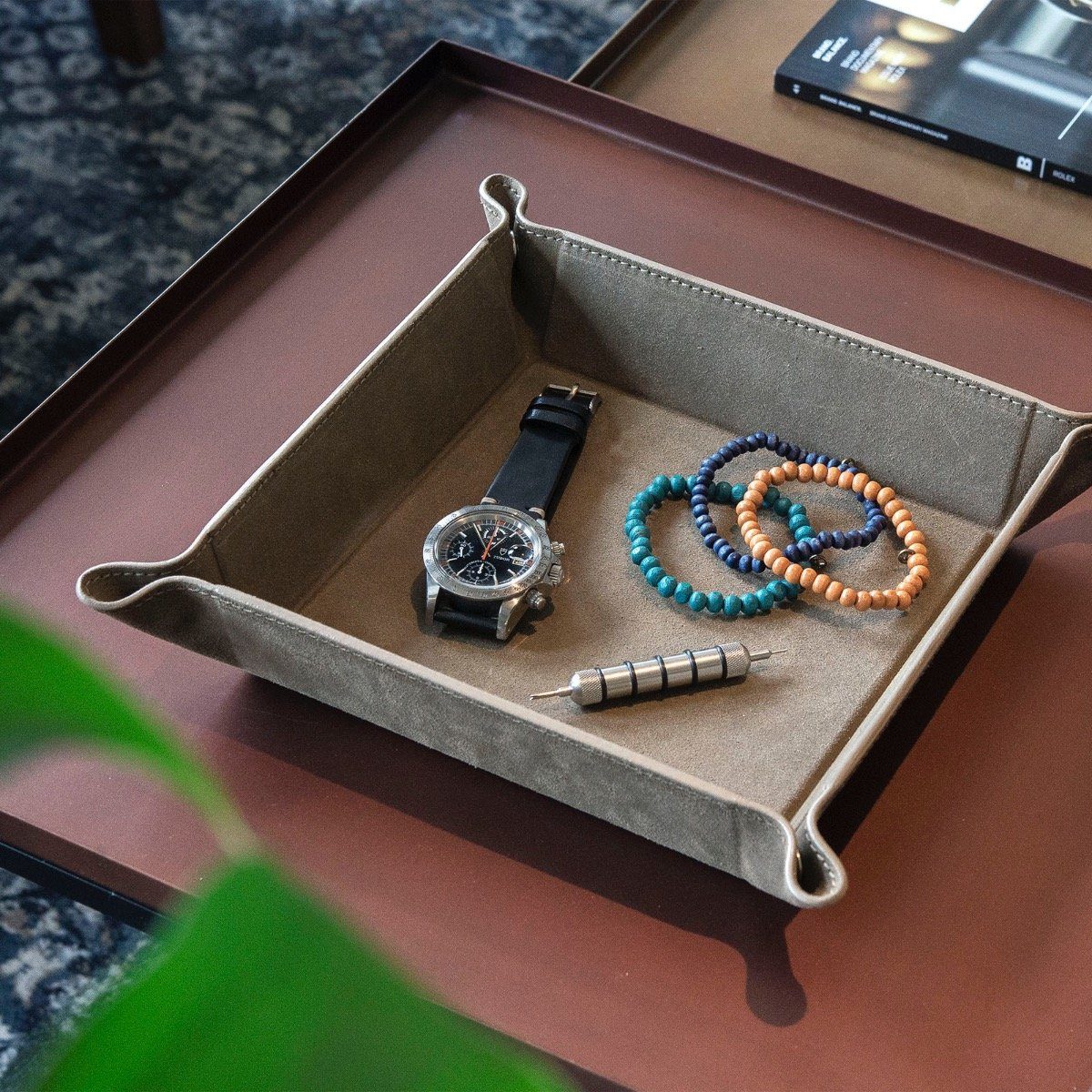 Grey Rugged Big Leather Valet Tray