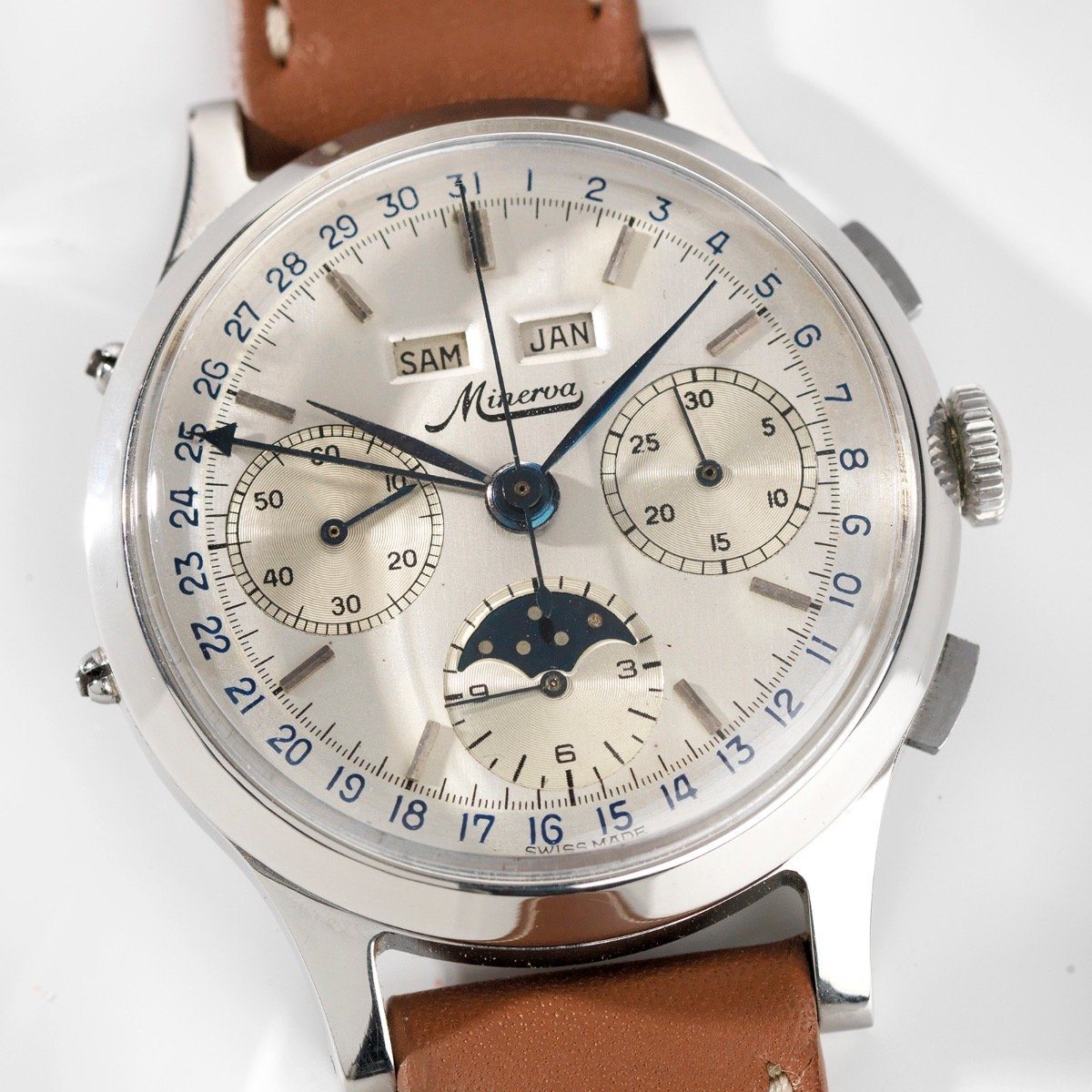 Minerva Triple Date Moonphase Chrono Valjoux 88 1950s 